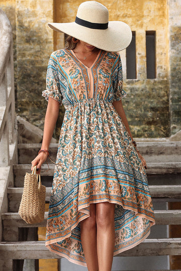 Robe d’été rouge à col en V imprimée